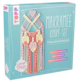 DIY-Set für Makramee-Traumfänger mit pastellfarbenen Garnen, Metallring und Anleitung in einer türkisfarbenen Box.