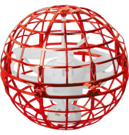 Kleine weiße Drohne oder Propellerspielzeug in einem offenen, roten, kugelförmigen Käfig.