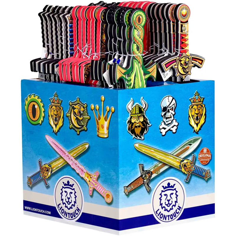 Eine Box mit bunten Spielzeugschwertern und -schilden, verziert mit Symbolen aus der Fantasiewelt.