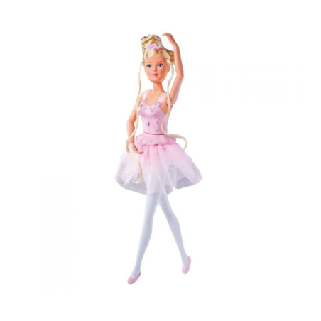 Blonde Ballerina-Puppe im rosa Tutu, weißen Strumpfhosen und Ballettschuhen, ein Arm erhoben.