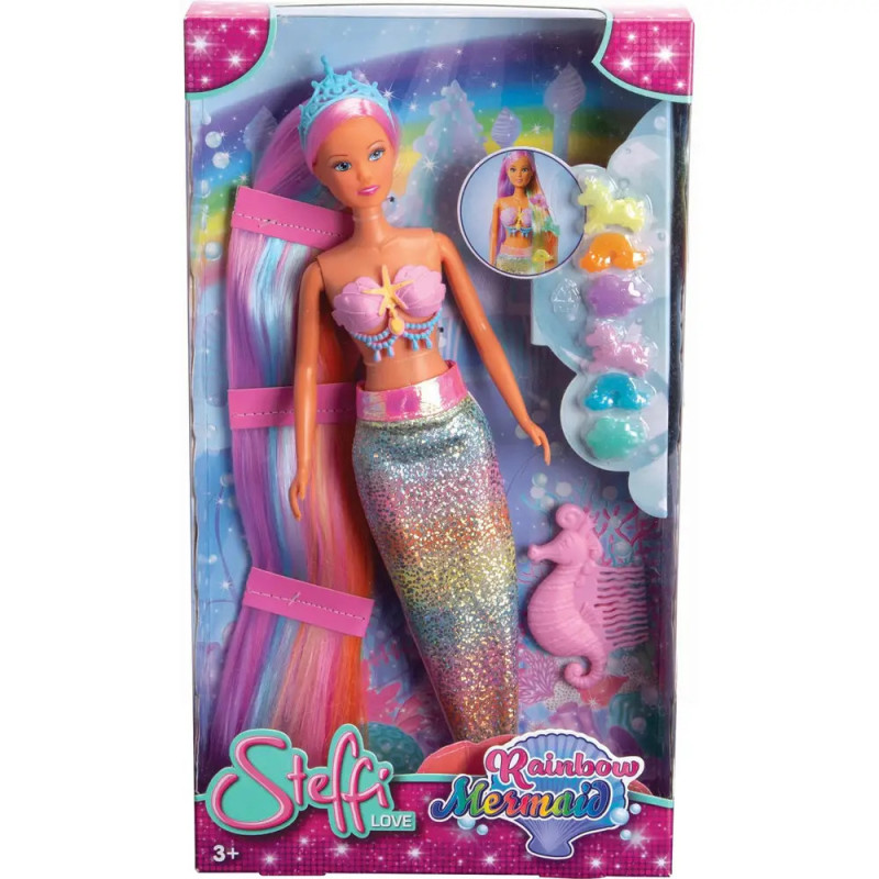 Steffi Love Rainbow Mermaid Puppe mit bunten Haaren, Glitzerschwanz und Meeres-Accessoires in der Verpackung.