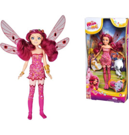 Mia and Me Fee mit pinken Flügeln, Kleid und Zubehör, abgebildet lose sowie in der Originalverpackung.