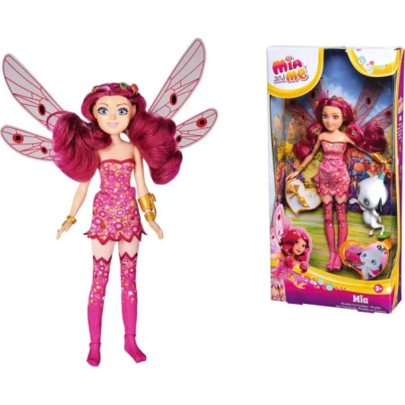 Mia and Me Fee mit pinken Flügeln, Kleid und Zubehör, abgebildet lose sowie in der Originalverpackung.