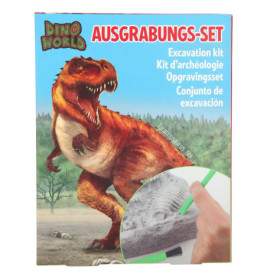 Dino World Ausgrabungsset-Box mit T. rex Bild und mehrsprachigen Infos zum Inhalt.