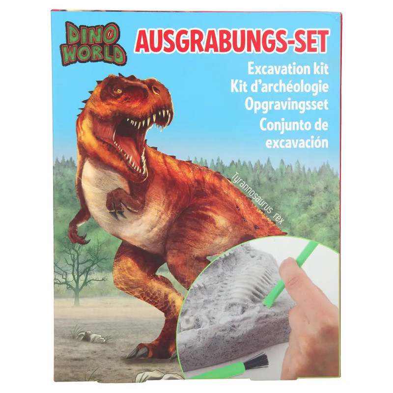 Dino World Ausgrabungsset-Box mit T. rex Bild und mehrsprachigen Infos zum Inhalt. Dino World Ausgrabungsset-Box mit T. rex Bild und mehrsprachigen Infos zum Inhalt.