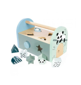 Holz-Formsortierbox mit Panda-Motiv, bunten Formen und Holzgriff.