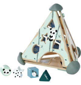 Holz-Steckspiel mit Panda-Motiv und dreieckigen, sternförmigen und quadratischen Klötzen vor einer Dreiecksbox.