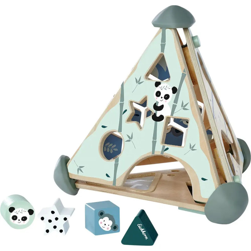 Holz-Steckspiel mit Panda-Motiv und dreieckigen, sternförmigen und quadratischen Klötzen vor einer Dreiecksbox.