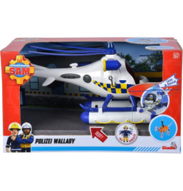 Spielzeug-Polizeihubschrauber in roter Fireman-Sam-Box mit blau-gelben Details und Licht-/Soundfunktion.