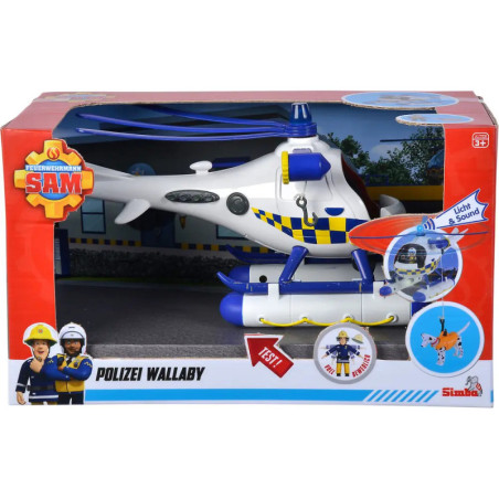 Spielzeug-Polizeihubschrauber in roter Fireman-Sam-Box mit blau-gelben Details und Licht-/Soundfunktion. Spielzeug-Polizeihubschrauber in roter Fireman-Sam-Box mit blau-gelben Details und Licht-/Soundfunktion.