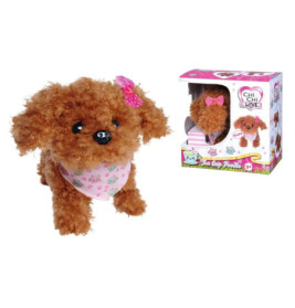Plüsch-Toypudel mit rosa Schleife und Schal neben bunter Chi Chi Love Teacup Pudel Verpackung.