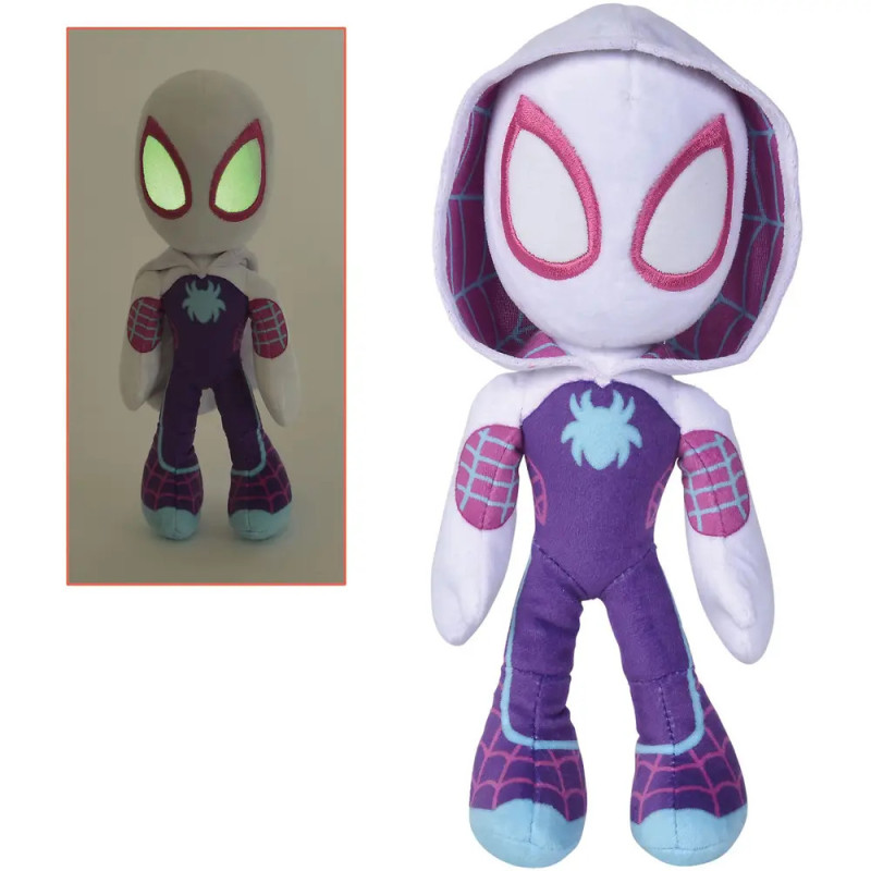 Plüsch-Spider-Gwen mit großen Augen und weißem Hoodie im Ausschnitt leuchten die Augen im Dunkeln.