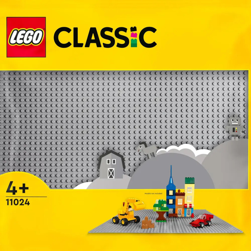 LEGO Classic Set mit grauer Bauplatte, kleinen Modellen und Altersempfehlung ab 4 Jahren auf der Verpackung. LEGO Classic Set mit grauer Bauplatte, kleinen Modellen und Altersempfehlung ab 4 Jahren auf der Verpackung.