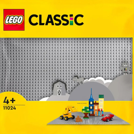 LEGO Classic Set mit grauer Bauplatte, kleinen Modellen und Altersempfehlung ab 4 Jahren auf der Verpackung. LEGO Classic Set mit grauer Bauplatte, kleinen Modellen und Altersempfehlung ab 4 Jahren auf der Verpackung.