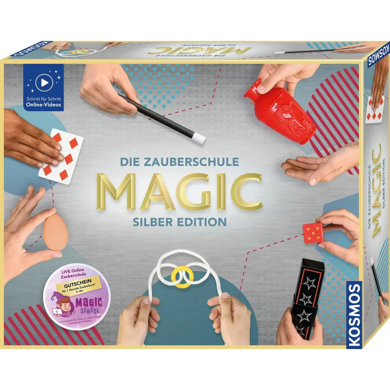 Box der Die Zauberschule Magic Silber Edition, darauf Hände, die verschiedene Zaubertricks vorführen. Box der Die Zauberschule Magic Silber Edition, darauf Hände, die verschiedene Zaubertricks vorführen.