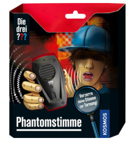 Ein Junge hält ein schwarzes Stimmverzerrer-Gerät, auf der Verpackung steht Phantomstimme und Die drei ???.