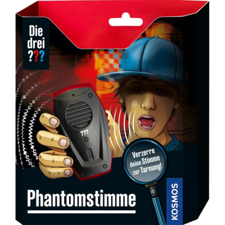 Ein Junge hält ein schwarzes Stimmverzerrer-Gerät, auf der Verpackung steht Phantomstimme und Die drei ???. Ein Junge hält ein schwarzes Stimmverzerrer-Gerät, auf der Verpackung steht Phantomstimme und Die drei ???.