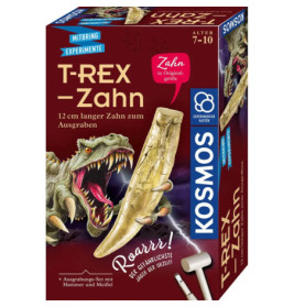 Kosmos T-Rex Ausgrabungsset mit großem Zahn, Dinosaurierbild und Werkzeugen auf der Vorderseite der Verpackung.