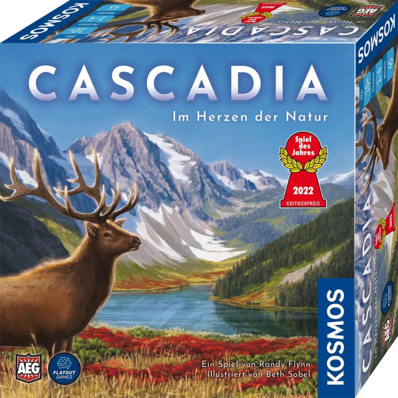 Cascadia-Spielschachtel mit Berglandschaft und großem Elch im Vordergrund.