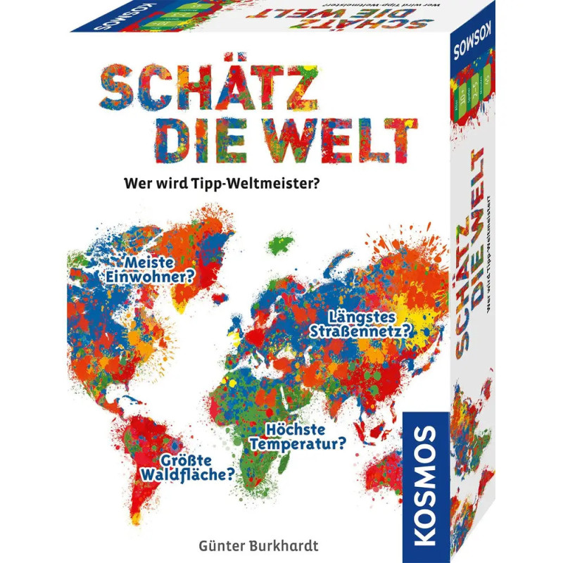Bunte Brettspielbox mit Weltkarte, deutschen Texten und Fragen zu Weltrekorden. Bunte Brettspielbox mit Weltkarte, deutschen Texten und Fragen zu Weltrekorden.