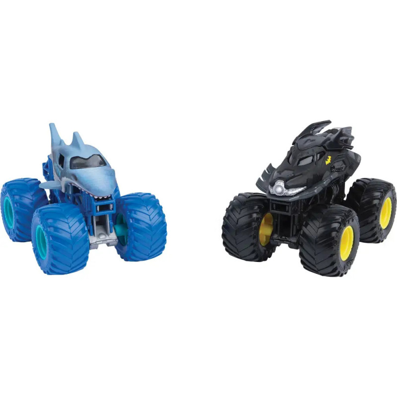 Zwei Spielzeug-Monstertrucks, blau als Hai und schwarz als Fledermaus, stehen nebeneinander auf weißem Hintergrund.