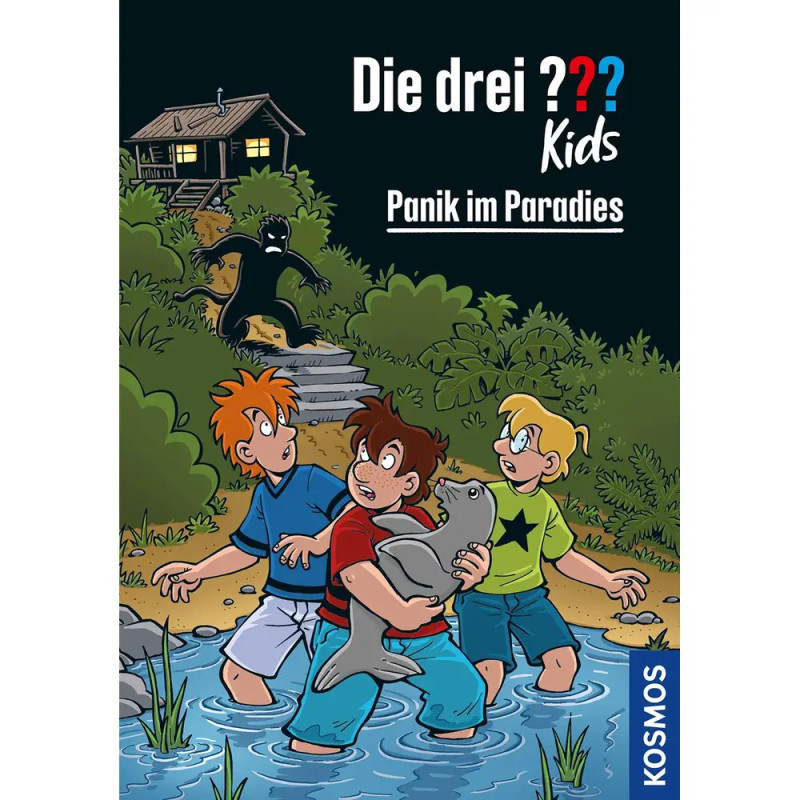 Drei verängstigte Kinder im Wasser entdecken nachts nahe einer Hütte im Wald eine dunkle Gestalt.