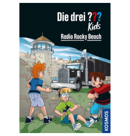 Drei gezeichnete Kinder wirken überrascht von einem Lkw und einer Steinmauer Comic-Cover: Die drei ??? Kinder.