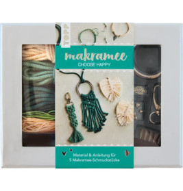 Makramee-Set in Box mit Garnen, Zubehör und Anleitung für fünf Schmuckstücke.