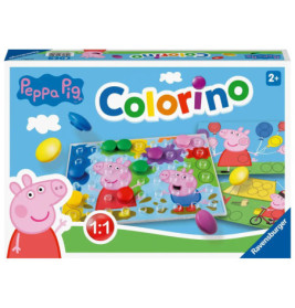Peppa Pig Colorino Spielebox mit bunten Spielsteinen und Peppa Pig Abbildungen auf der Vorderseite.