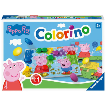 Peppa Pig Colorino Spielebox mit bunten Spielsteinen und Peppa Pig Abbildungen auf der Vorderseite. Peppa Pig Colorino Spielebox mit bunten Spielsteinen und Peppa Pig Abbildungen auf der Vorderseite.