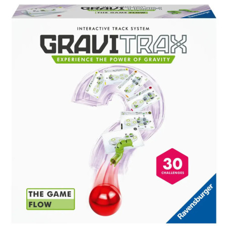 GraviTrax-Spielbox mit großem Fragezeichen-Track, roter Kugel und Hinweis auf 30 Herausforderungen auf der Vorderseite.