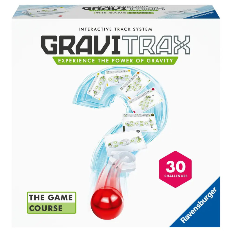GraviTrax-Spielbox mit Fragezeichen-Strecke, roter Kugel und Aufschrift 30 Challenges. GraviTrax-Spielbox mit Fragezeichen-Strecke, roter Kugel und Aufschrift 30 Challenges.