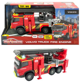 Spielzeug-Volvo-Feuerwehrauto mit Licht und Sound, ab 3 Jahren, in und außerhalb der Verpackung gezeigt.