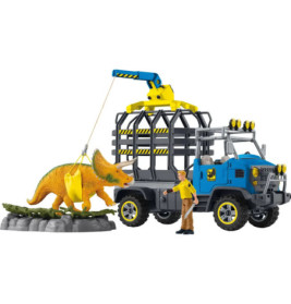 Spielzeug-Laster mit Käfig und Kran hebt einen Triceratops; daneben steht eine menschliche Figur.