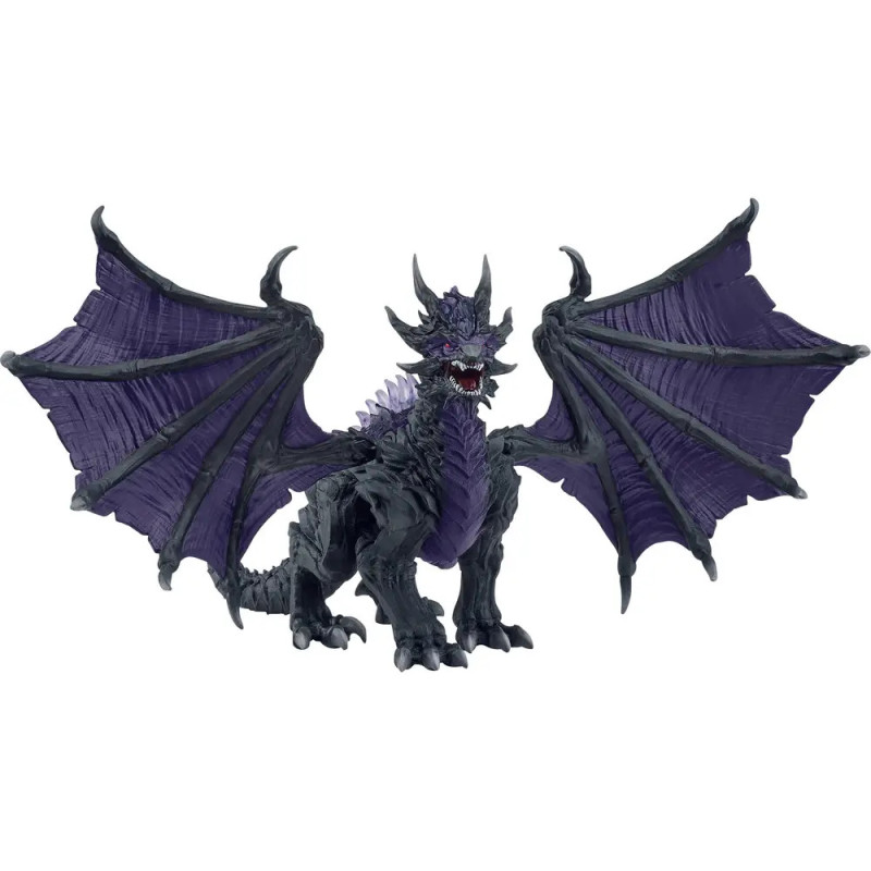 Schwarze, violette Drachenfigur mit weit ausgebreiteten Flügeln und gefletschten Zähnen.