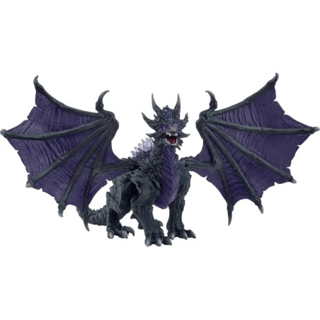 Schwarze, violette Drachenfigur mit weit ausgebreiteten Flügeln und gefletschten Zähnen.