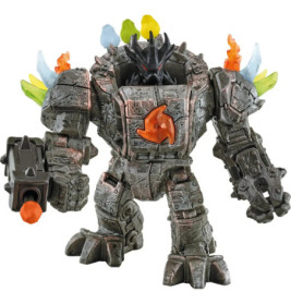 Graue Roboter-Actionfigur mit orange-grünen Kristallakzenten und großem Armkanonen-Aufsatz.