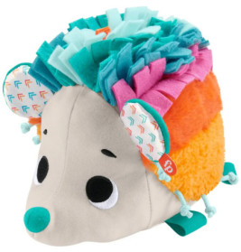 Bunter Plüschigel mit beigem Gesicht, blauer Nase sowie mehrfarbig strukturierter Rückseite und Ohren.