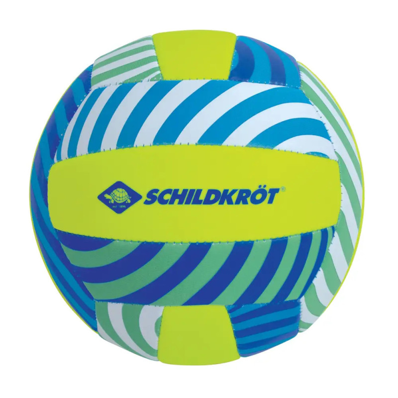 Volleyball mit blauen, weißen und grünen Wirbeln und SCHILDKRÖT-Logo auf gelbem Feld.