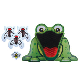 Cartoon-Froschspiel mit offenem Maul, drei Fliegen- und einem Bienen-Spielstein vor weißem Hintergrund.