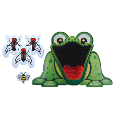Cartoon-Froschspiel mit offenem Maul, drei Fliegen- und einem Bienen-Spielstein vor weißem Hintergrund.