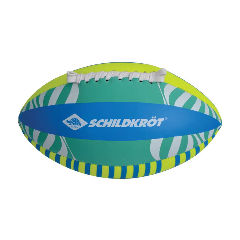 Blau-grüner Schildkröt-Rugbyball mit weißen Schnürsenkeln und blattähnlichen Mustern an den Seiten.