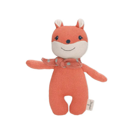 Plüsch-Fuchs in Orange mit Schal und lächelndem Gesicht steht aufrecht vor weißem Hintergrund. Plüsch-Fuchs in Orange mit Schal und lächelndem Gesicht steht aufrecht vor weißem Hintergrund.