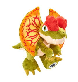 Plüschdrache mit orange gemusterten Flügeln und roten Kämmen steht auf den Hinterbeinen.