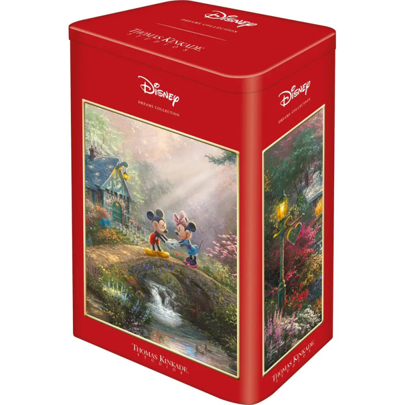 Rote Disney-Dose mit Mickey und Minnie Mouse im Garten, inspiriert von Thomas Kinkade-Gemälden. Rote Disney-Dose mit Mickey und Minnie Mouse im Garten, inspiriert von Thomas Kinkade-Gemälden.