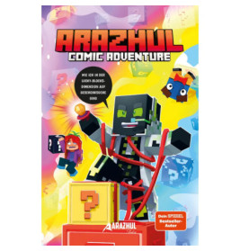 Cover des Arazhul Comic Adventure mit eckigen Minecraft-Figuren und bunten Fragezeichen-Blöcken.