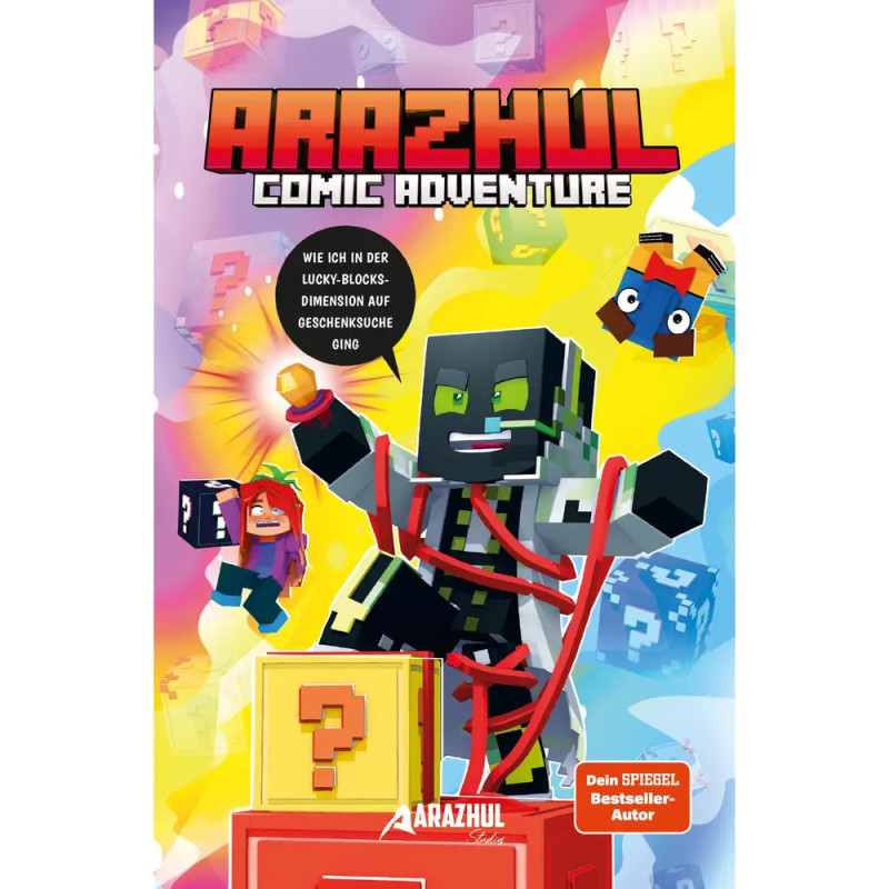 Cover des Arazhul Comic Adventure mit eckigen Minecraft-Figuren und bunten Fragezeichen-Blöcken. Cover des Arazhul Comic Adventure mit eckigen Minecraft-Figuren und bunten Fragezeichen-Blöcken.