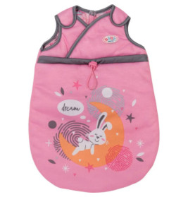 Rosa Babyschlafsack mit Hase auf Mondsichel, Sternen und dem Schriftzug dream auf der Vorderseite.