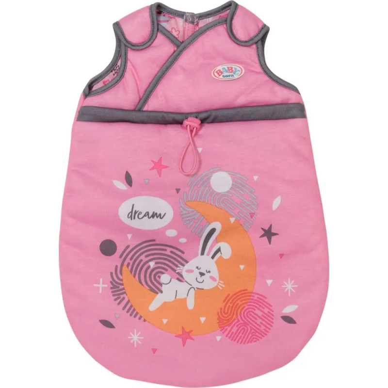 Rosa Babyschlafsack mit Hase auf Mondsichel, Sternen und dem Schriftzug dream auf der Vorderseite. Rosa Babyschlafsack mit Hase auf Mondsichel, Sternen und dem Schriftzug dream auf der Vorderseite.