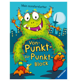 Grünes Cartoon-Monster mit Hörnern lächelt vor blauer Stadtsilhouette deutscher Text auf dem Cover.